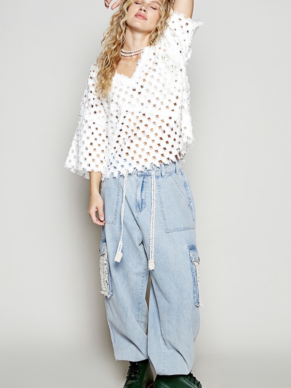 🍓 POL “ Crochet Cargo “ Relaxed Baggy Jeans | Denim